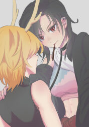  2girls absurdres animal_collar antlers bandana bare_shoulders black_collar black_hair black_jacket blonde_hair blush breasts collar dragon_girl dragon_horns earrings food food_in_mouth highres holding holding_food holding_leash holding_pocky horns jacket jewelry kicchou_yachie kurokoma_saki leash long_sleeves looking_at_another midriff multiple_girls navel off_shoulder open_clothes open_jacket piercing pocky pocky_day pocky_in_mouth qazsxdc78225 shared_food short_hair simple_background sleeveless sleeveless_turtleneck touhou turtleneck white_bandana yellow_horns yuri 