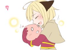  1girl acolyte_(ragnarok_online) ahoge animal_ears blonde_hair blunt_bangs blush brown_capelet capelet cat_ears cat_girl closed_eyes commentary_request creature gloves holding holding_creature iyofika lowres open_mouth poring profile ragnarok_online ragnarok_origin red_gloves red_shirt shirt short_hair simple_background slime_(creature) smile solo upper_body white_background 