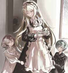  1boy 2girls :o aged_down aigis_(persona) alternate_costume alternate_hair_length alternate_hairstyle apron black_dress black_shirt blonde_hair blue_eyes blue_hair brown_hair clothes_grab commentary_request cup dress enmaided feet_out_of_frame frilled_hairband frills hair_between_eyes hair_ornament hair_over_one_eye hairband hairclip highres holding holding_plate indoors k1kiwa long_hair long_sleeves looking_at_another maid maid_apron maid_headdress multiple_girls nightgown one_eye_covered pajamas parted_lips persona persona_3 persona_3_portable pink_dress plate plate_stack shiomi_kotone shirt standing teacup white_apron yuuki_makoto_(persona_3) 