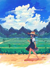  1girl absurdres blue_dress blue_hair butterfly_net cirno closed_eyes clouds cloudy_sky collared_shirt day dress flower food food_in_mouth hand_net hat highres holding holding_butterfly_net ice ice_wings landscape mountainous_horizon outdoors penglai_tea pointy_ears popsicle popsicle_in_mouth sandals scenery shirt short_sleeves sky solo straw_hat sunflower tan tanned_cirno touhou tree walking white_shirt wings 