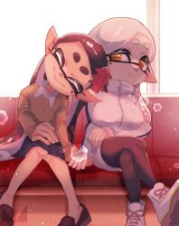  2girls black_hair breasts callie_(splatoon) chichi_band head_on_another's_shoulder holding_hands inkling large_breasts marie_(splatoon) multiple_girls pointy_ears sitting splatoon_(series) tentacle_hair train_interior white_hair yuri 