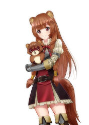  1girl :3 :d alternate_breast_size_(smaller) animal animal_ear_fluff animal_ears armor armored_boots black_dress blunt_bangs boots breastplate breasts brown_boots brown_gloves brown_hair closed_mouth collared_dress commentary_request cowboy_shot dress elbow_gloves eyebrows_hidden_by_hair eyelashes gloves grey_armor grey_boots grey_gloves high_collar holding holding_animal holding_tanuki long_hair long_sleeves looking_at_viewer metal_arm_cuffs metal_hair_tubes metal_wrist_cuffs neck_ribbon open_mouth pinstripe_dress pinstripe_pattern raccoon_ears raccoon_girl raccoon_tail raised_eyebrows raph-chan raphtalia red_dress red_eyes red_ribbon ribbon short_dress simple_background sleeveless sleeveless_dress small_breasts smile standing straight_hair tail tanuki tate_no_yuusha_no_nariagari thigh_boots two-tone_dress two-tone_gloves user_uxdj8782 white_background white_dress 
