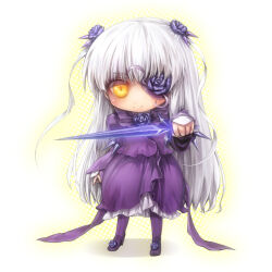  1girl barasuishou blue_eyes blush boots chibi chibi_only closed_mouth commentary_request crystal crystal_sword flower flower_eyepatch frilled_shirt frilled_skirt frills full_body gem holding holding_sword holding_weapon lolita_fashion long_hair looking_at_viewer misaki_(kyal_001) purple_boots purple_flower purple_gemstone purple_rose purple_shirt purple_skirt rose rozen_maiden shirt skirt smile solo standing sword very_long_hair weapon white_background white_hair yellow_eyes 