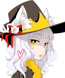  1girl animal_ear_fluff animal_ears blunt_bangs blush brown_cape brown_hat cape cat_ears cat_girl commentary_request ears_through_headwear fur-trimmed_cape fur_trim hat long_hair looking_at_viewer oekakipikki official_alternate_costume portrait ragnarok_online simple_background solo warlock_(ragnarok_online) white_background white_hair witch_hat yellow_eyes 