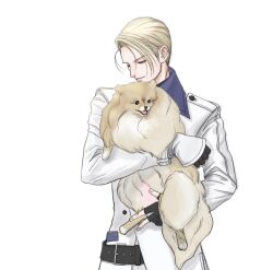  1boy animal belt black_belt black_gloves black_shirt blonde_hair blue_eyes closed_mouth coat collared_shirt commentary_request cow dog final_fantasy final_fantasy_vii fingerless_gloves gloves half-closed_eyes holding holding_animal holding_dog korean_commentary light_smile male_focus rufus_shinra shirt short_hair solo swept_bangs white_background white_coat ws_alte 