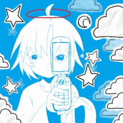  1girl absurdres ahoge camera_phone cellphone chewchewer closed_mouth clouds collarbone colored_skin crescent dress english_commentary flip_phone halo highres holding holding_phone long_sleeves looking_at_viewer nyan_(chewchewer) original phone red_halo short_hair smile solo star_(symbol) upper_body white_dress white_hair white_skin wide_sleeves 