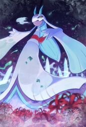 blue_eyes blue_sclera breath closed_mouth colored_sclera flower froslass highres horns ice ice_horns looking_at_viewer mega_froslass mega_pokemon night night_sky no_humans pokemon pokemon_(creature) pokemon_focus pokemon_legends:_z-a sash sky solo spider_lily tatsumi_(panneko) yellow_sclera