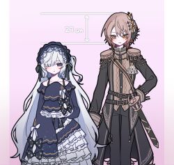  2girls arrow_(symbol) belt black_belt black_gloves black_jacket black_pants blue_hairband bow chinese_commentary closed_mouth commentary_request cowboy_shot dress epaulettes expressionless frilled_dress frilled_sleeves frills gloves gothic_lolita hair_over_one_eye hairband hand_on_own_hip hasumi_leia height_difference highres jacket lolita_fashion lolita_hairband long_hair long_sleeves looking_at_viewer mahou_shoujo_no_majo_saiban multiple_girls natsume_an-an one_side_up pants polka_dot polka_dot_bow sash short_hair shoulder_sash sleeves_past_fingers sleeves_past_wrists smile standing tanuki_(tanukiiiiiii) very_long_hair violet_eyes white_hair yellow_eyes 