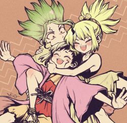  1girl 2boys arms_around_neck asagiri_gen black_dress black_hair blonde_hair blush cheek_press closed_eyes collarbone dr._stone dress facial_mark green_hair high_ponytail hug ishigami_senkuu japanese_clothes kimono knee_up kohaku_(dr._stone) light_blush multicolored_hair multiple_boys ninomae_gin open_mouth outstretched_arms outstretched_hand ponytail red_eyes rope rope_around_waist short_hair sleeveless smile spiky_hair teeth two-tone_hair upper_teeth_only white_rope 