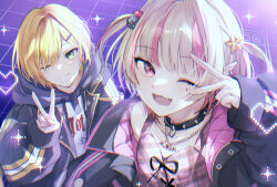  1boy 1girl ;d absurdres arm_belt bat_necklace belt black_collar black_jacket blonde_hair blue_hood blunt_bangs chain chain_necklace closed_mouth clothes_writing collar collarbone colored_inner_hair crop_top cross-laced_clothes cross-laced_top drawstring earclip fangs green_eyes grey_hair hair_bobbles hair_intakes hair_ornament hair_over_one_eye hairclip heart highres hood hood_down hoodie jacket jewelry lapels looking_at_viewer loose_belt makaino_ririmu makaino_ririmu_(6th_costume) multicolored_hair necklace nijisanji no_headwear notched_lapels o-ring_collar one_eye_closed open_clothes open_jacket pendant pink_hair pink_jacket pink_streaks pixel_heart plaid_clothes pointy_ears print_hoodie purple_background red_eyes short_hair sleeves_past_wrists smile sparkle spiked_collar spikes standing star_(symbol) star_hair_ornament streaked_hair two-sided_fabric two-sided_jacket two-tone_hair two_side_up unbuttoned unzipped upper_body uzuki_kou uzuki_kou_(5th_costume) v v_over_eye virtual_youtuber white_hoodie wolf_cut yellow_belt yellow_trim yo_o_489 