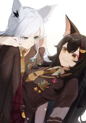  2girls absurdres ahoge animal_ear_fluff animal_ears aqua_eyes black_hair breasts brown_necktie brown_pantyhose brown_sweater closed_mouth commentary_request double-parted_bangs edge_ill fox_ears fox_girl hair_between_eyes hair_ornament hand_up highres hololive long_hair looking_at_another medium_breasts multicolored_hair multiple_girls necktie official_alternate_costume ookami_mio ookami_mio_(10th_costume) pantyhose parted_bangs red_skirt red_streaks shirakami_fubuki shirakami_fubuki_(11th_costume) simple_background skirt smile streaked_hair sweater swept_bangs uneven_eyes virtual_youtuber white_background white_hair wolf_ears wolf_girl yellow_eyes 