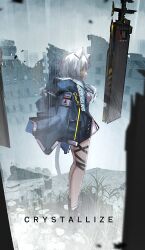  1girl absurdres animal_ears arknights black_shoes blue_jacket cat_ears cat_girl cat_tail closed_mouth commentary daisy_(flower) english_text flower from_side full_body green_eyes highres jacket kisaragi_pana long_hair open_clothes open_jacket plant rhodes_island_logo_(arknights) rosmontis_(arknights) ruins shoes solo standing tail white_flower white_hair 