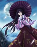absurdres bamboo bamboo_forest black_hair closed_eyes eyes_closed forest full_moon highres hime_cut houraisan_kaguya japanese_clothes long_hair long_skirt moon nature night oriental_umbrella skirt solo star_(sky) touhou umbrella wind zqhzx