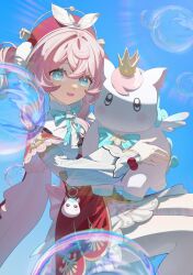  1girl animal aqua_bow aqua_bowtie aqua_eyes beibeishanfeng blue_sky bow bowtie bubble commentary_request crown dress drill_hair feet_out_of_frame floating hat highres holding holding_animal honkai:_star_rail honkai_(series) hyacine_(honkai:_star_rail) little_ica_(honkai:_star_rail) long_sleeves looking_at_viewer mini_crown open_mouth outdoors pantyhose pegasus pink_hair rainbow red_dress red_hat sidelocks sky smile solo twin_drills white_pantyhose 