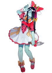  1girl absurdres blue_skin bone_print bow colored_skin commentary hair_bow hair_over_one_eye highres holding holding_knife knife linween long_hair original simple_background solo symbol-only_commentary symbol-shaped_pupils white_background x-shaped_pupils 