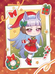  1girl animal_ears blunt_bangs blush bow box breasts candy candy_cane christmas christmas_wreath closed_mouth dress ear_bow food fur-trimmed_dress fur-trimmed_headwear fur_trim gift gift_box gloves gold_ship_(umamusume) green_bow grey_hair hat highres horse_ears horse_girl horse_tail long_hair looking_at_viewer pantyhose red_bow red_dress santa_costume santa_dress santa_hat smile solo star_(symbol) tail thigh_strap tsuume umamusume violet_eyes white_gloves white_pantyhose wreath 