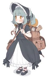  1girl @_@ absurdres backpack bad_id bad_pixiv_id bag black_bonnet black_dress black_shoes blue_hair bonnet brown_bag closed_mouth commentary commission doll_joints dress english_commentary full_body highres joints mary_janes orange_eyes original possummachine puffy_short_sleeves puffy_sleeves rori_poster's_oc shoes short_eyebrows short_sleeves shoulder_bag simple_background solo standing thick_eyebrows white_background yurie_mouth 