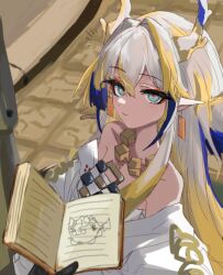  1girl arknights bare_shoulders blonde_hair blue_eyes closed_mouth commentary_request dragon_bubble_(arknights) dragon_girl dragon_horns earrings eyeliner grey_hair hair_between_eyes hair_intakes highres horns jacket jewelry light_smile long_hair makeup meme multicolored_hair necklace nero_san1177 notebook notice_lines off_shoulder orange_eyeliner photo-referenced pointy_ears pov pov_hands purple_hair shu_(arknights) sketch solo_focus white_jacket 