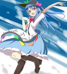  aa44 blue_hair bow food fruit hat hinanawi_tenshi long_hair open_mouth peach red_eyes solo touhou 