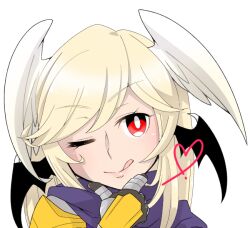  1girl :q black_wings blonde_hair blush bright_pupils closed_mouth commentary_request demon_wings feathered_wings gauntlets hand_on_own_chin head_wings long_hair looking_at_viewer oekakipikki one_eye_closed portrait purple_scarf ragnarok_online red_eyes rune_knight_(ragnarok_online) scarf simple_background smile solo tongue tongue_out white_background white_pupils white_wings wings 