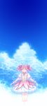  1girl :d blue blue_sky closed_eyes cloud clouds dress floating_hair gloves highres kaname_madoka long_hair mahou_shoujo_madoka_magica open_mouth outstretched_arms pink_hair sky smile solo takanashi_ringo twintails 
