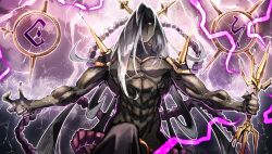  1boy abs biceps dark_skin duel_monster electricity highres holding holding_weapon juraishin_the_cursed_thunder_god lightning long_hair male_focus muscular pectorals sonic1nstinct spikes tagme thunder vajra_(object) weapon white_eyes white_hair yu-gi-oh! 