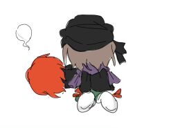  2others androgynous bandana black_bandana black_cape black_shirt brown_hair cape chibi cine_hamal flat_color from_behind giving_up_the_ghost green_shorts kneeling kuzu_suzumi len'en lying medium_hair multiple_others no_jacket on_side other_focus purple_scarf red_hair red_ribbon ribbon ribbon_legwear scarf shirt shitodo_hooaka short_sleeves shorts simple_background sketch socks turban weihe_wuya_xiang_zhuo_tai white_background white_socks 