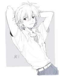  1boy arm_behind_head arms_up belt collared_shirt greyscale hair_between_eyes highres m3gris3 male_focus monochrome nagisa_kaworu neon_genesis_evangelion pocket red_eyes shirt shirt_tucked_in short_hair short_sleeves solo spot_color translation_request 
