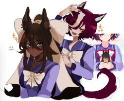  2girls :/ animal_ears behind_another blush bow bowtie brown_hair closed_eyes closed_mouth dark-skinned_female dark_skin english_text eyepatch facing_another game_screenshot_inset hair_between_eyes hair_bow head_tilt high_ponytail highres horse_ears horse_girl horse_tail huge_bow long_hair long_sleeves multicolored_hair multiple_girls numa_(solitudesedge) one_eye_covered open_mouth ponytail red_hair school_uniform shirt short_hair sparkle symboli_kris_s_(umamusume) tail tanino_gimlet_(umamusume) tracen_school_uniform two-tone_hair umamusume upper_body very_dark_skin white_bow white_hair 