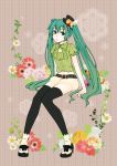  belt bowtie flower full_body green_eyes green_hair hat hatsune_miku long_hair midriff mini_top_hat navel omayu shoes sitting solo thigh-highs thighhighs top_hat twintails very_long_hair vocaloid 