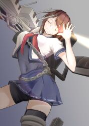  1girl absurdres asymmetrical_bodysuit blue_sailor_collar blue_skirt brown_hair contrapposto covered_navel elbow_gloves furutaka_(kancolle) furutaka_kai_ni_(kancolle) gloves glowing glowing_eye gradient_background grey_background hashtag-only_commentary highres kantai_collection machinery neckerchief one_eye_closed red_neckerchief sailor_collar school_uniform serafuku single_elbow_glove skirt solo standing tastas 