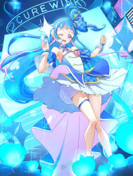  1girl aokaze_nana blue_bow blue_bowtie blue_hair blue_theme blue_wrist_cuffs bow bowtie brooch character_name clear_glass_(mildmild1311) commentary_request cure_wink detached_collar full_body hair_bun hairband headset heart heart_brooch heart_hair_bun highres idol_heart_brooch_(precure) jewelry kimi_to_idol_precure long_hair magical_girl musical_note one_eye_closed plaid_clothes plaid_sleeves precure shirt solo stage stage_lights strapless strapless_shirt white_hairband wrist_cuffs 