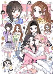  5girls :3 arm_warmers artist_request belt black_belt black_choker black_headband blue_bow blunt_bangs blush bow brown_eyes brown_hair candy cheek_poking chibi chibi_inset chiikawa chinese_commentary choker collarbone commentary_request commission commissioner_name curtained_hair denim denim_skirt doughnut earrings flower flower_earrings food four-leaf_clover_necklace frilled_choker frilled_skirt frills green_shirt hachiware_(chiikawa) hair_bow hair_ornament hairclip headband heart heart_hands highres holding_hands hug illit iroha_(illit) jacket jeans jellyfish_cut jewelry juliet_sleeves k-pop kneehighs long_hair long_sleeves looking_at_viewer loose_hair_strand lower_teeth_only medium_hair minju_(illit) moka_(illit) multiple_girls multiple_views necklace one_eye_closed pants pants_under_skirt pink_bow pink_hair pink_jacket pokemon pokemon_(creature) poking puffy_sleeves purple_headband purple_shrug real_life ring second-party_source shirt short_sleeves shrug_(clothing) skirt sleeves_past_wrists socks squirtle striped_clothes striped_shirt teeth thigh-highs twintails very_long_hair waffle white_choker white_pants white_shirt white_socks wonhee_(illit) y2k_fashion yunah_(illit) yuri 