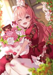  1girl 7naako5 ;d absurdres bouquet commentary dress dutch_angle fang flower frilled_dress frills highres himitsu_no_valentine_daisakusen!_(project_sekai) holding holding_bouquet looking_at_viewer momoi_airi official_alternate_costume official_alternate_hair_length official_alternate_hairstyle one_eye_closed open_mouth outdoors pantyhose pink_eyes pink_flower pink_rose project_sekai rose sitting smile solo white_flower white_pantyhose white_rose window 