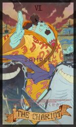  1boy black_border black_hair blue_skin boat border card_(medium) chest_tattoo clenched_hand colored_skin commentary english_commentary facial_hair fish goatee highres japanese_clothes jinbe_(one_piece) kimono looking_at_viewer one_piece ponytail purple_sash roman_numeral sash siyangou49 smile tarot tarot_(medium) tattoo the_chariot_(tarot) tusks watercraft 