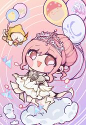  >_< 1girl ahoge armor balloon bare_arms barefoot blush_stickers bow bowtie breastplate brown_eyes character_name chenzui18100 chibi chinese_commentary cloak clouds coattails collar commentary_request detached_collar dot_nose dress drop_shadow ear_covers eyelashes eyes_visible_through_hair fangs feather_sleeves floating gradient_background hair_bun happy highres holding holding_balloon hood hood_up hooded_cloak infinity_nikki looking_at_animal medium_dress melody_bloom_(infinity_nikki) momo_(nikki) nikki_(nikki) nikki_(series) open_mouth origami outline paper_crane pear-pal_(infinity_nikki) pink_background pink_hair pink_outline pleated_dress purple_background red_bow red_bowtie short_hair_with_long_locks short_sleeves shroomling_(infinity_nikki) sidelocks single_hair_bun smile sparkling_eyes swept_bangs tareme tiara toon_(style) traditional_bowtie two-tone_background updo v-shaped_eyebrows wavy_hair whimstar_(infinity_nikki) white_collar white_dress yellow_cloak 