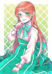  1girl absurdres ao_(yashuring) aqua_bow aqua_eyes aqua_nails blush bow braid character_request closed_mouth colored_eyelashes commission copyright_request earrings fingernails flat_chest frilled_sleeves frills green_skirt half_up_braid hand_on_own_face high-waist_skirt highres jewelry long_fingernails long_hair long_skirt long_sleeves looking_at_viewer mole mole_under_mouth orange_hair out_of_frame parted_bangs pink_lips shirt sitting skeb_commission skirt smile solo very_long_hair 