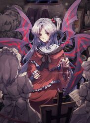  1girl absurdres alice_margatroid alice_margatroid_(pc-98) bai_he breasts capelet dress hair_bobbles hair_ornament highres holding_chisel long_hair long_sleeves louise_(touhou) mai_(touhou) multiple_wings mystic_square one_side_up painting_(object) red_dress red_eyes ribbon shinki_(touhou) smile solo statue touhou touhou_(pc-98) white_hair wings yuki_(touhou) yumeko_(touhou) 