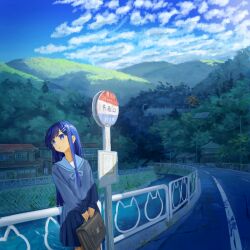  1girl :o bag blue_eyes blue_hair blue_sailor_collar blue_serafuku blue_shirt blue_skirt blue_sky building bus_stop cevio clouds cloudy_sky futaba_minato hair_ornament hairclip highres hill holding holding_bag house long_hair outdoors petrasche_(kunio_miracle) pleated_skirt power_lines railing road sailor_collar scenery school_bag school_uniform serafuku shirt skirt sky solo water 