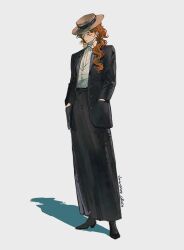  1girl black_shoes black_skirt boater_hat bow bowtie brown_hat closed_eyes dress_shirt full_body gynger_edventray_(hiiragimare) hands_in_pockets hat highres hiiragimare hogwarts_legacy jacket long_hair long_skirt open_clothes open_jacket original red_hair shirt shoes simple_background skirt solo suit_jacket vest waistcoat white_background white_bow white_bowtie white_shirt white_vest wizarding_world 