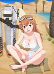 blue_eyes breasts charlotte_e_yeager cleavage feet gebo goggles goggles_on_head gun indian_style m1918_bar open_mouth orange_hair panties sand sitting smile solo strike_witches striker_unit tank_top underwear weapon white_panties 