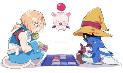  2boys bare_shoulders belt black_mage_(final_fantasy) blonde_hair blue_coat blue_eyes blue_pants blue_vest blue_wrist_cuffs boots brown_belt brown_boots brown_gloves card card_game cat_tail coat creature cropped_vest final_fantasy final_fantasy_ix full_body gloves green_gloves grey_boots hair_ribbon hand_to_own_mouth hat highres holding holding_card low_ponytail moogle multiple_boys neck_ribbon pants parted_bangs ponytail r1ng0cc ribbon shirt short_hair_with_long_locks sitting striped_clothes striped_pants tail vest vivi_ornitier white_background white_shirt wizard_hat wrist_cuffs yellow_eyes zidane_tribal 