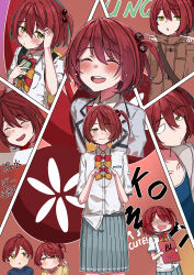  1boy 2girls :d absurdres blush book bow brown_coat coat grey_skirt hair_bobbles hair_ornament hair_over_one_eye highres holding holding_book holding_phone jyuunen-kun komari_chika komari_hina komari_susumu make_heroine_ga_oo_sugiru! multiple_girls multiple_views one-piece_swimsuit phone pocket pointing red_bow school_swimsuit school_uniform shirt siblings skirt smile swimsuit tearing_up white_shirt yellow_bow yellow_eyes 