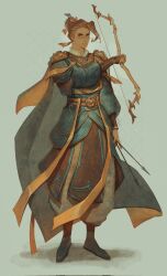  1boy amonimy archery_shooting_glove armor asymmetrical_bangs blush boots border bow_(weapon) bracer brown_eyes brown_hair cape capelet character_name chinese_armor chinese_clothes closed_mouth dark-skinned_male dark_skin earrings feng_xin floral_print frown full_body gloves green_boots green_cape green_hanfu green_robe hair_bun hair_ornament hair_ribbon hanfu highres holding holding_weapon jewelry layered_clothes long_hair long_sleeves looking_at_viewer male_focus orange_cape orange_capelet orange_ribbon partially_fingerless_gloves puffy_long_sleeves puffy_pants puffy_sleeves ribbon ribboned_xiao_guan robe shirt simple_background single_hair_bun solo tianguan_cifu upper_body weapon white_shirt xiao_guan_(headdress) 