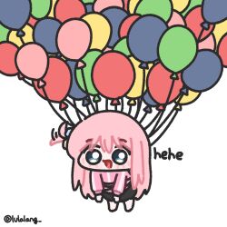  1girl balloon black_skirt blue_eyes bocchi_the_rock! chibi chibi_only floating full_body gotoh_hitori hair_wagging highres jacket long_hair looking_at_viewer lulalang one_side_up open_mouth pink_hair pink_jacket skirt smile solo too_many_balloons white_background 