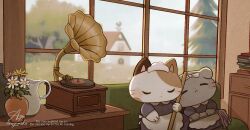  2girls :< animal_ears apron ayu_(mog) black_dress book book_stack cat_ears cat_girl closed_eyes closed_mouth commentary_request day dog_ears dog_girl dot_mouth dress flower_pot furry furry_female highres indoors long_sleeves maid maid_headdress multiple_girls original phonograph plant potted_plant signature tree twitter_username watermark white_apron window 