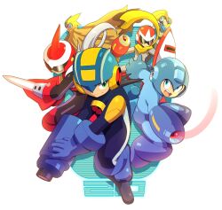  6+boys android arm_blade arm_cannon armor assault_visor bass.exe_(mega_man) bass_(mega_man) blue_eyes blue_helmet bodysuit cloak fins forehead_jewel green_eyes head_fins helmet highres long_hair male_focus mega_man_(character) mega_man_(series) mega_man_battle_network_(series) megaman.exe multiple_boys netnavi open_mouth proto_man protoman.exe red_armor red_helmet robot smile sword ultimatemaverickx weapon white_hair 
