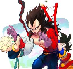  black_hair blue_eyes blue_sash dougi dragon_ball dragon_ball_daima dragon_ball_gt dragon_ball_z gloves gotenks long_hair male_focus metamoran_vest monkey_boy monkey_tail multiple_boys muscular muscular_male ommmyoh open_mouth pants red_fur ruyi_jingu_bang saiyan sash son_goku spiky_hair super_saiyan super_saiyan_1 super_saiyan_4 tail twitter_username vegeta 