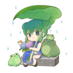  1girl artist_name ayu_(mog) bare_arms bare_shoulders black_shoes blue_dress blush_stickers chibi chibi_only china_dress chinese_clothes closed_mouth commentary dress english_commentary flower frog full_body highres holding holding_flower hydrangea leaf mixed-language_commentary original rain romaji_commentary shoes simple_background sitting sleeveless sleeveless_dress smile snail solo white_background 