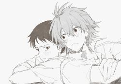  2boys back-to-back blush brown_eyes brown_hair collared_shirt commentary_request grey_hair hair_between_eyes highres ikari_shinji looking_at_another m3gris3 male_focus multiple_boys nagisa_kaworu neon_genesis_evangelion shirt short_hair simple_background upper_body white_background 